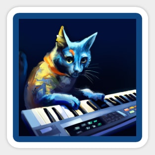 Blue Cat Playing Keyboard in a Synth Wave Band Sticker